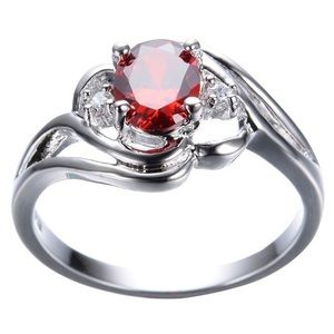 925 Silver Ruby Red & White Topaz Oval Cut Ring